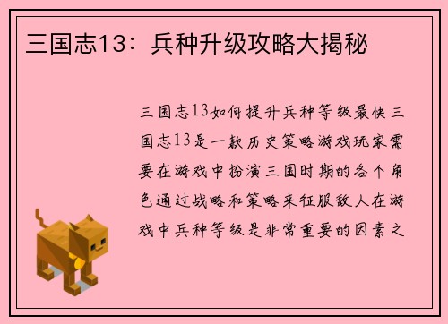 三国志13：兵种升级攻略大揭秘